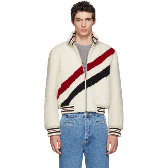 White Shearling Diagonal Stripe Funnel Neck Jacket展示图