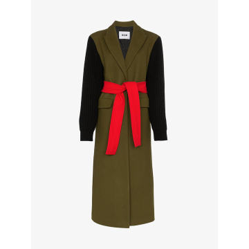 ribbed sleeve belted wool blend coat