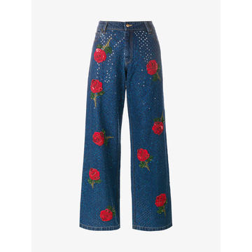 rose embroidered sequin jeans