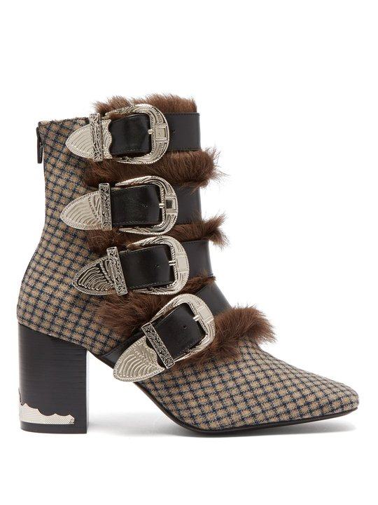 Buckled faux fur-trimmed wool ankle boots展示图