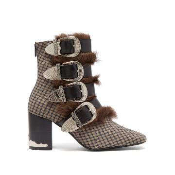 Buckled faux fur-trimmed wool ankle boots