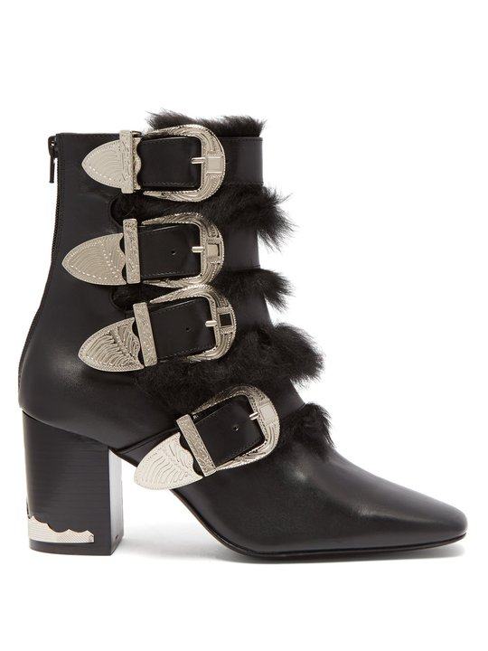 Buckled faux fur-trimmed leather ankle boots展示图