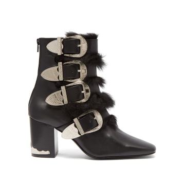 Buckled faux fur-trimmed leather ankle boots