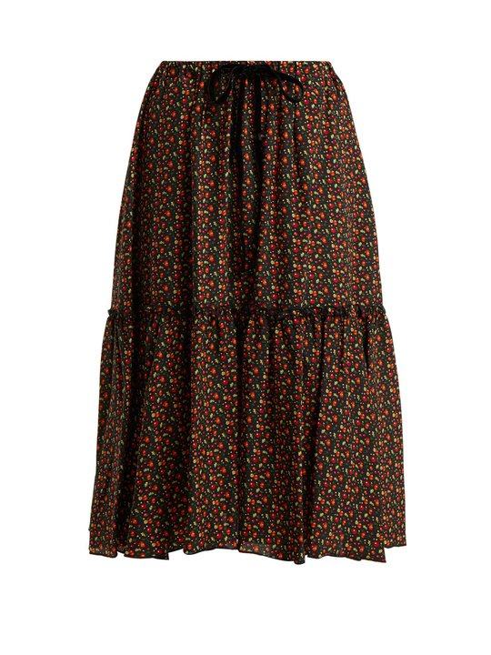 Camille cherry-print silk crepe de Chine skirt展示图