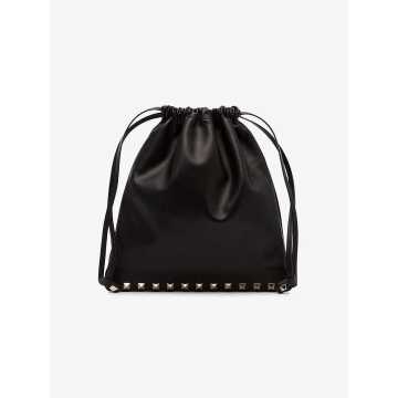 black pyramid studded leather drawstring pouch