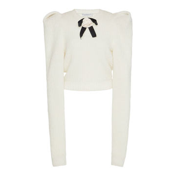 Floral-Appliqu��d Bow-Embellished Cable-Knit Sweater