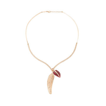 V Charm Holder Choker With Pave Large Gold Feather Charm And Pink Tourmaline Leaf Charm Necklace