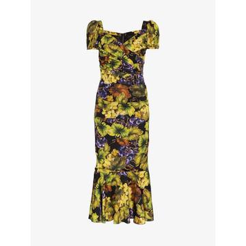 grape-print fluted midi dress