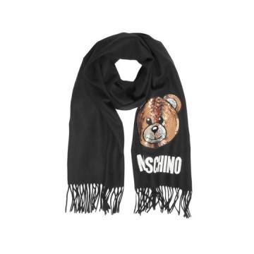 Moschino Sequin Teddy Bear Fringed Wool Scarf