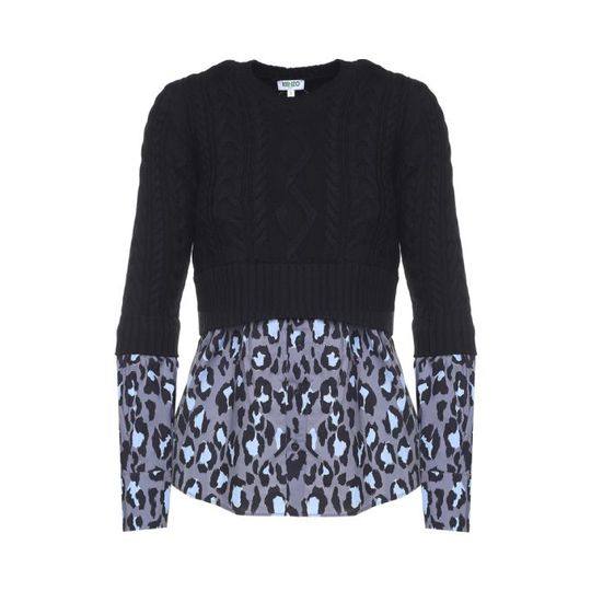 Kenzo Leo-print Cotton-poplin And Cable-knit Wool Jumper展示图