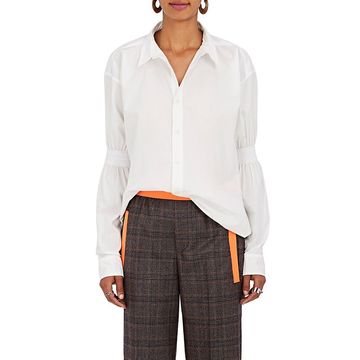 Cinched-Sleeve Cotton Poplin Blouse