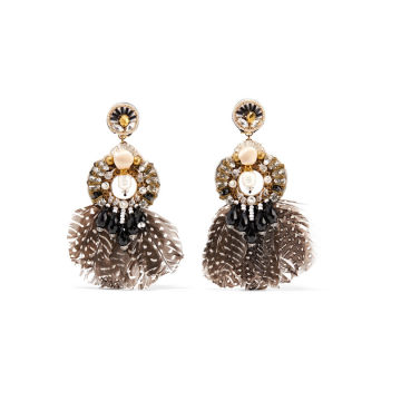 Carambola 羽毛、珍珠母、水晶、金色夹扣式耳环