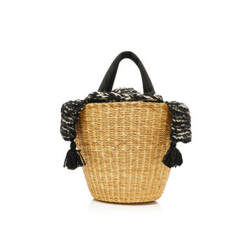 Tasseled Canvas-Trimmed Crochet-Knit And Straw Tote