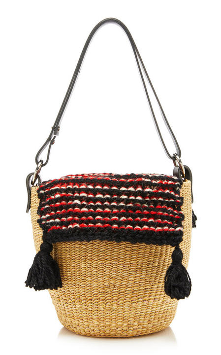 Benedicte Leather-Trimmed Tasseled Crochet-Knit And Straw Tote展示图