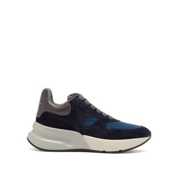 Raised-sole low-top suede and mesh trainers