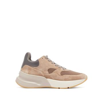 Raised-sole low-top suede and mesh trainers