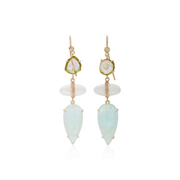 One-Of-A-Kind Freeform Watermelon Tourmaline Slice And Pave Oval Moonstone And Teardrop Aquamarine Earrings