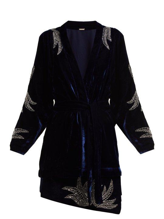 Corinne bead-embellished velvet kimono jacket展示图