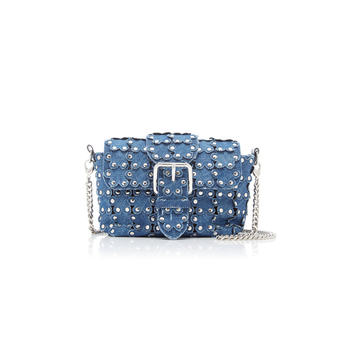 Flower Puzzle Studded Denim and Calfskin Leather Crossbody Bag