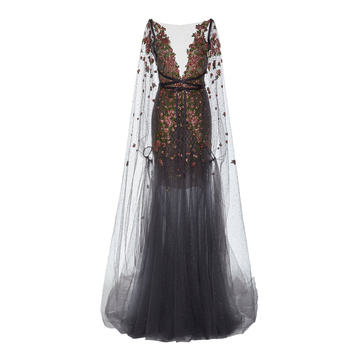 Embroidered Tulle Gown With Cape