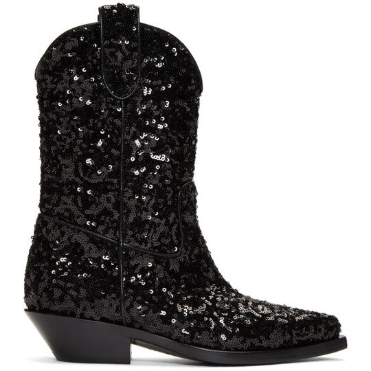 Black Sequin Cowboy Boots展示图