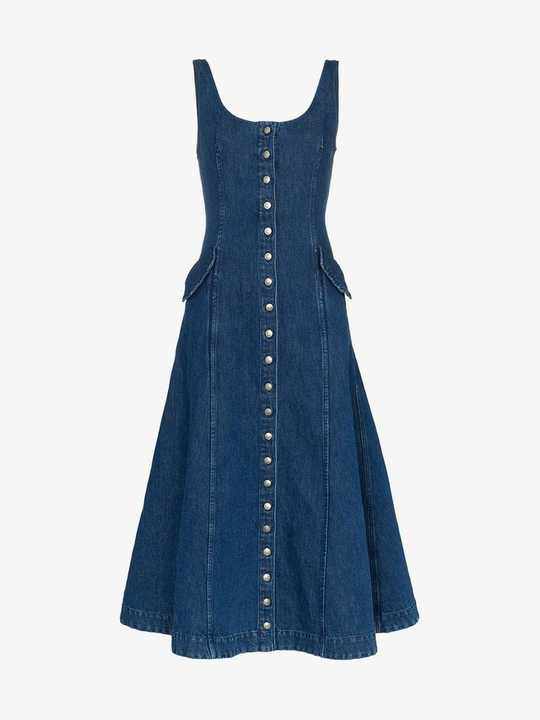 Sleeveless scoop-neck denim and linen midi dress展示图