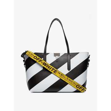 Black and white diagonal striped leather tote