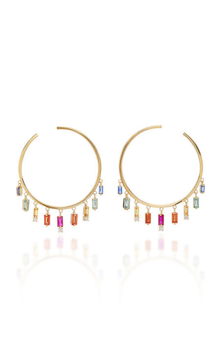 18K Gold, Sapphire and Diamond Hoop Earrings展示图