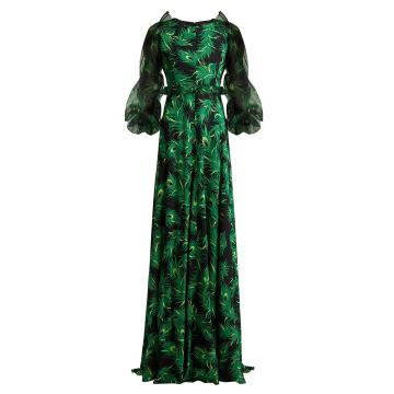 Peacock feather-print silk gown