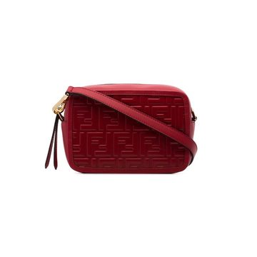 red logo embossed mini leather camera bag