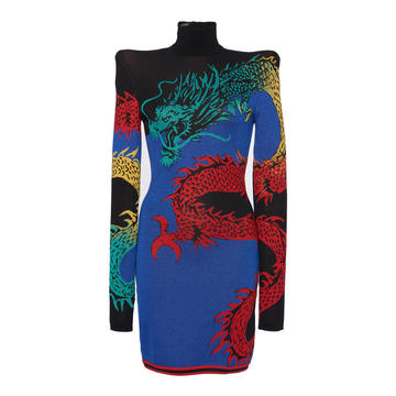 High-Neck Rainbow Dragon Jersey Dress