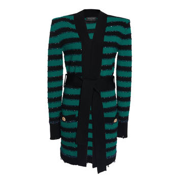 Belted Striped Crochet Knit Cardigan