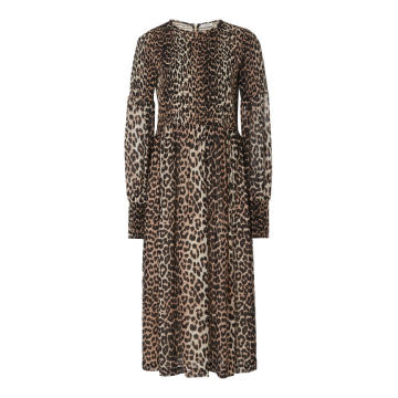 Smocked Leopard-Print Georgette Dress
