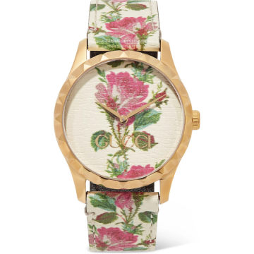 G-Timeless 花卉印花皮革金色腕表