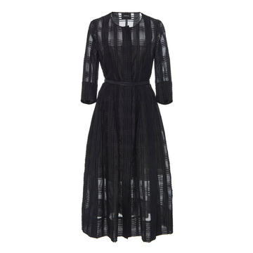 Check Organza A-Line Midi Dress With Horsehair Belt