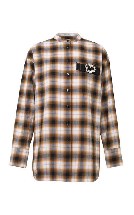 Fragmented Checks Long Sleeve Cotton Blend Top展示图