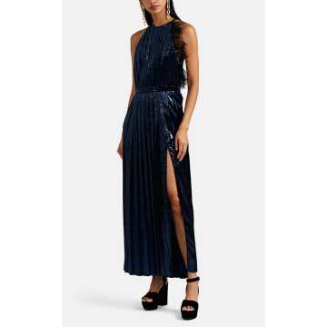Feather-Trimmed Metallic-Velvet Pleated Gown