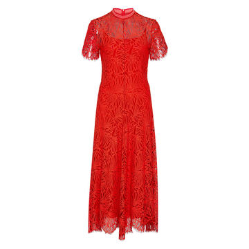 Mock-Neck Lace Midi Dress