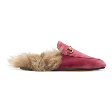 Pink Velvet & Fur Princetown Slippers