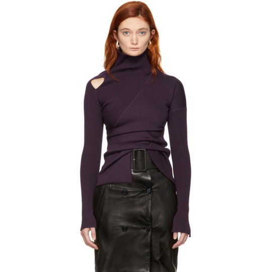 Purple Knit Shoulder Exposure Turtleneck展示图