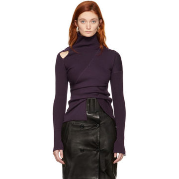 Purple Knit Shoulder Exposure Turtleneck