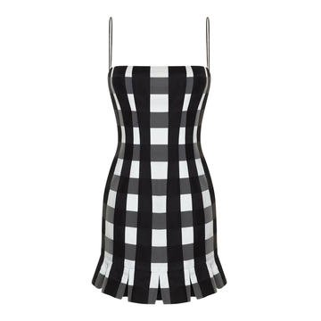 Square-Neck Plaid Satin Dress