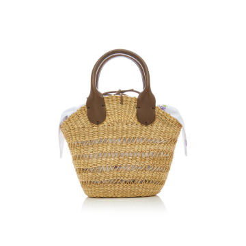 Tina Mini Leather-Trimmed Straw Tote