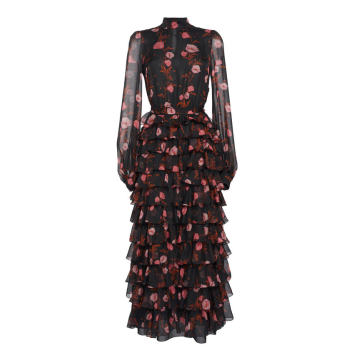 Floral Printed Silk Gown With Tiered Ruffle Skirt