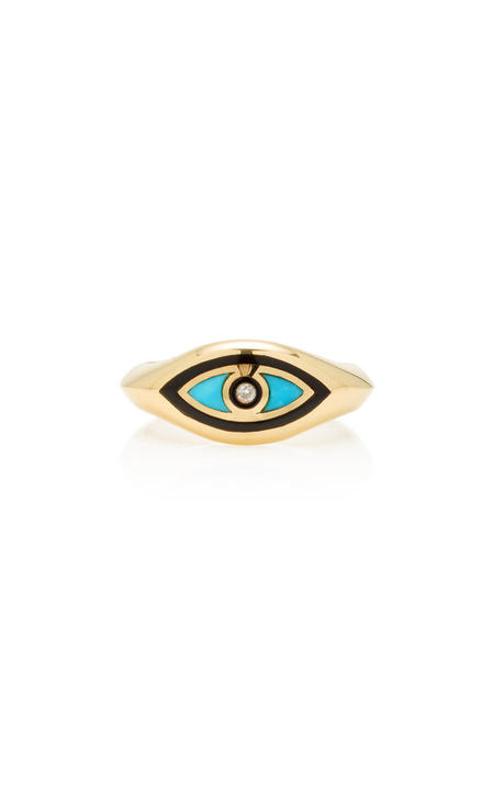 14K Yellow Gold With Turquoise And Onyx Eye Ring展示图