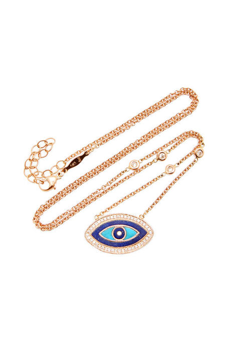 14K Rose Gold Small Lapis And Turquoise Inlay Eye Necklace展示图