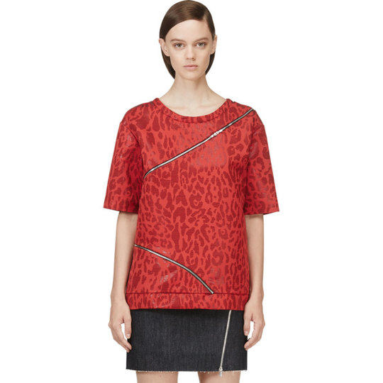 Red Jacquard Leopard Zip-Trimmed T-Shirt展示图
