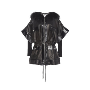 Oversized Leather Utility Coat With Fox Fur Hood