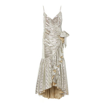 Ruffled Wrap-Effect Metallic Pliss�� Dress