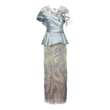 Embellished Satin & Organza Peplum Gown